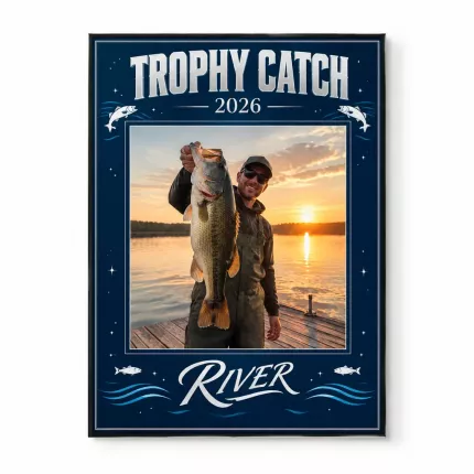 Fishing Lover Gift - Personalized Trophy Catch Picture Frame, Custom Fisherman Photo Name Year Canvas Print, Fishing Wall Art Gift