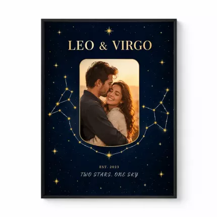 Zodiac Gift - Personalized Two Star Signs Picture Frame, Custom Couple Photo Star Signs Date Constellation Canvas Print, Leo And Virgo Starry Wall Art
