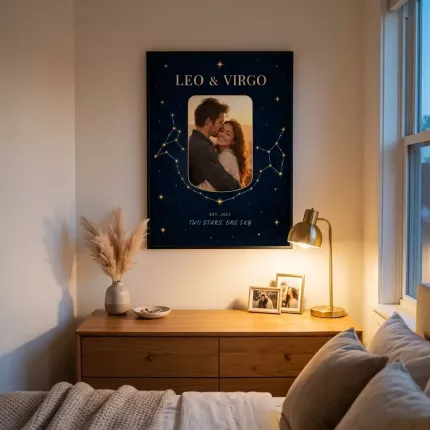 Zodiac Gift - Personalized Two Star Signs Picture Frame, Custom Couple Photo Star Signs Date Constellation Canvas Print, Leo And Virgo Starry Wall Art image 2