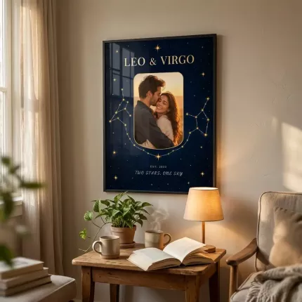 Zodiac Gift - Personalized Two Star Signs Picture Frame, Custom Couple Photo Star Signs Date Constellation Canvas Print, Leo And Virgo Starry Wall Art image 3