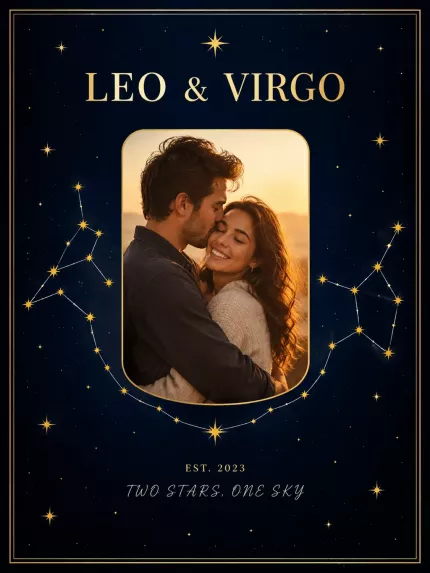 Zodiac Gift - Personalized Two Star Signs Picture Frame, Custom Couple Photo Star Signs Date Constellation Canvas Print, Leo And Virgo Starry Wall Art image 4